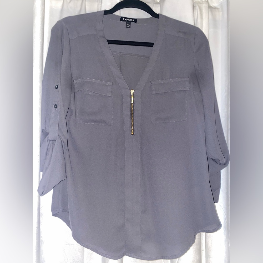 Express small gray blouse with gold zipper